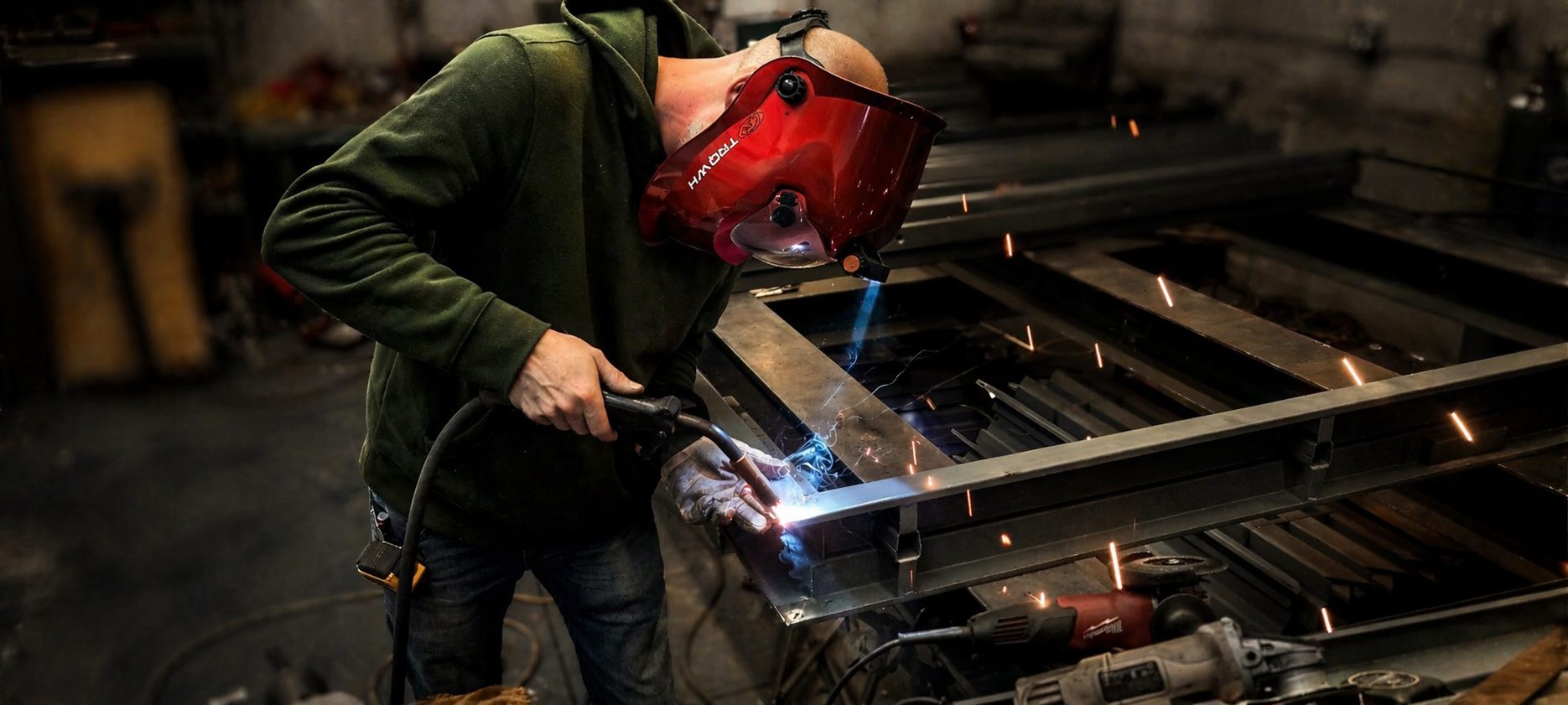 Welding table fabrication work in Castle Door shop