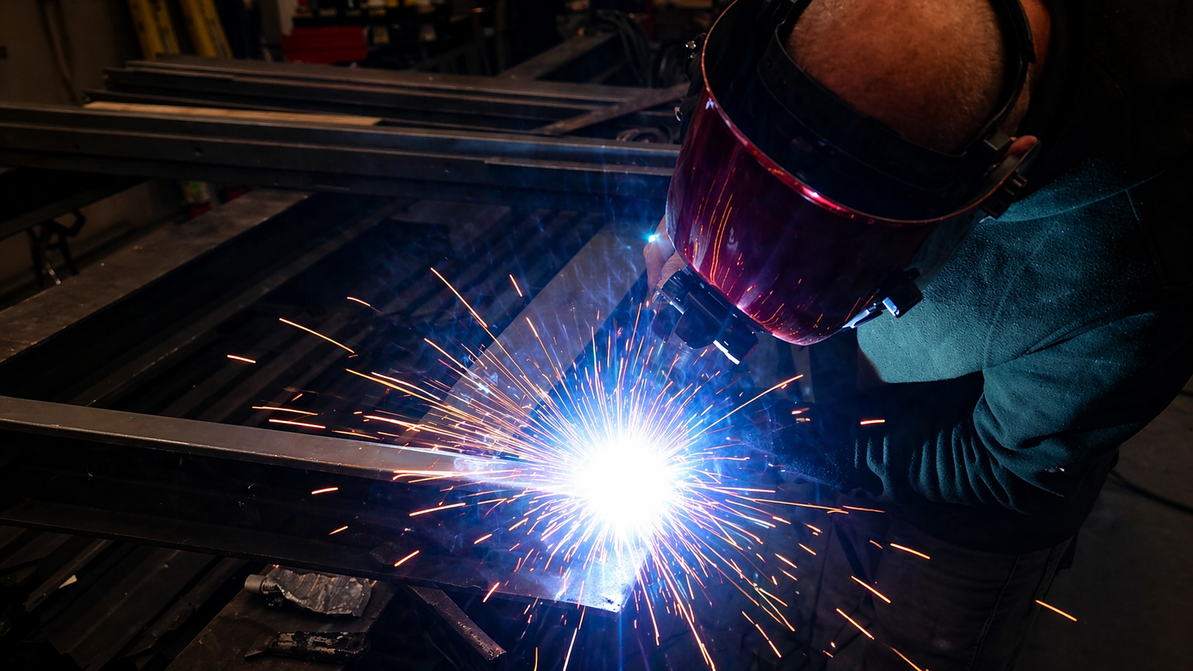 Welder at work with concentrated sparks on a steel frame